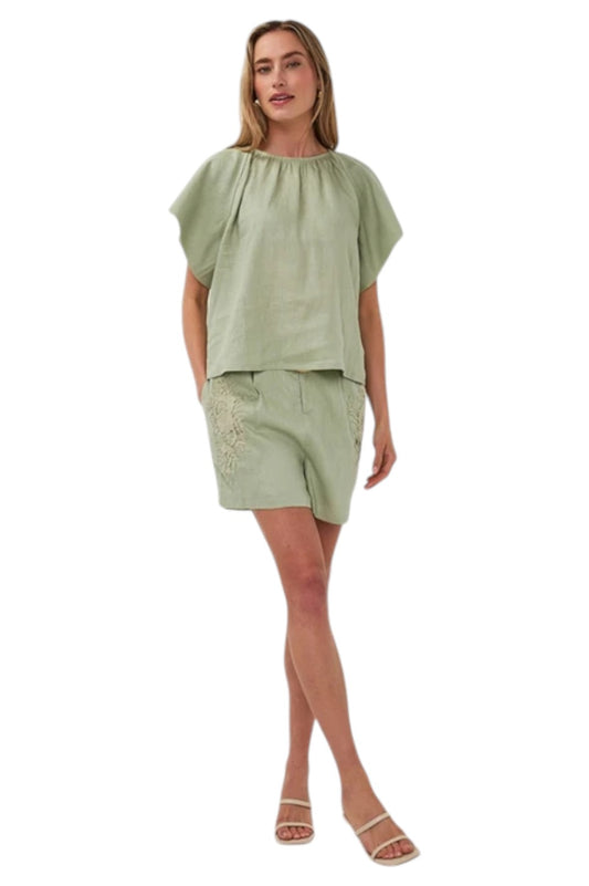 EsQualo Blouse Back Detail Linen Soft Green