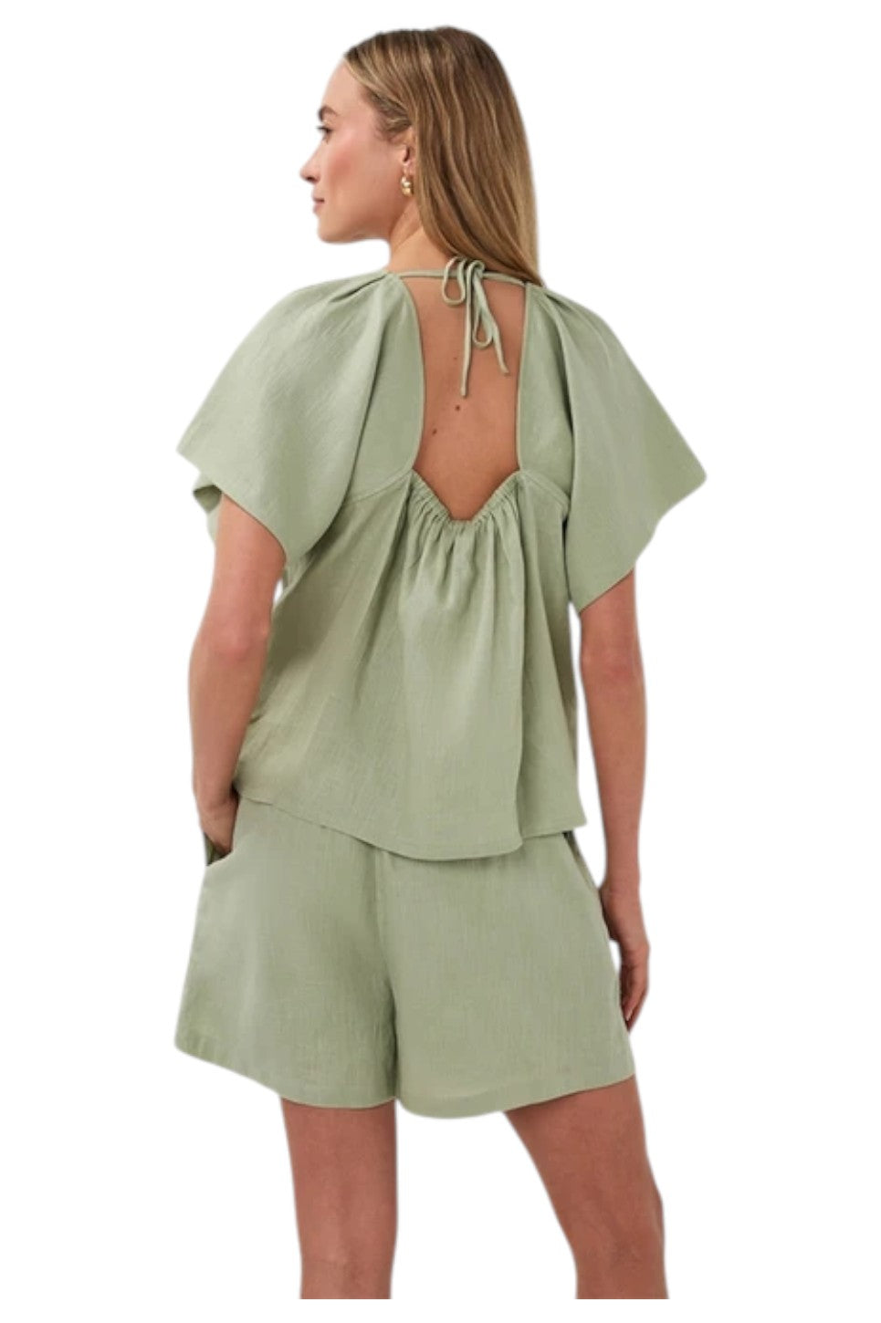 EsQualo Blouse Back Detail Linen Soft Green