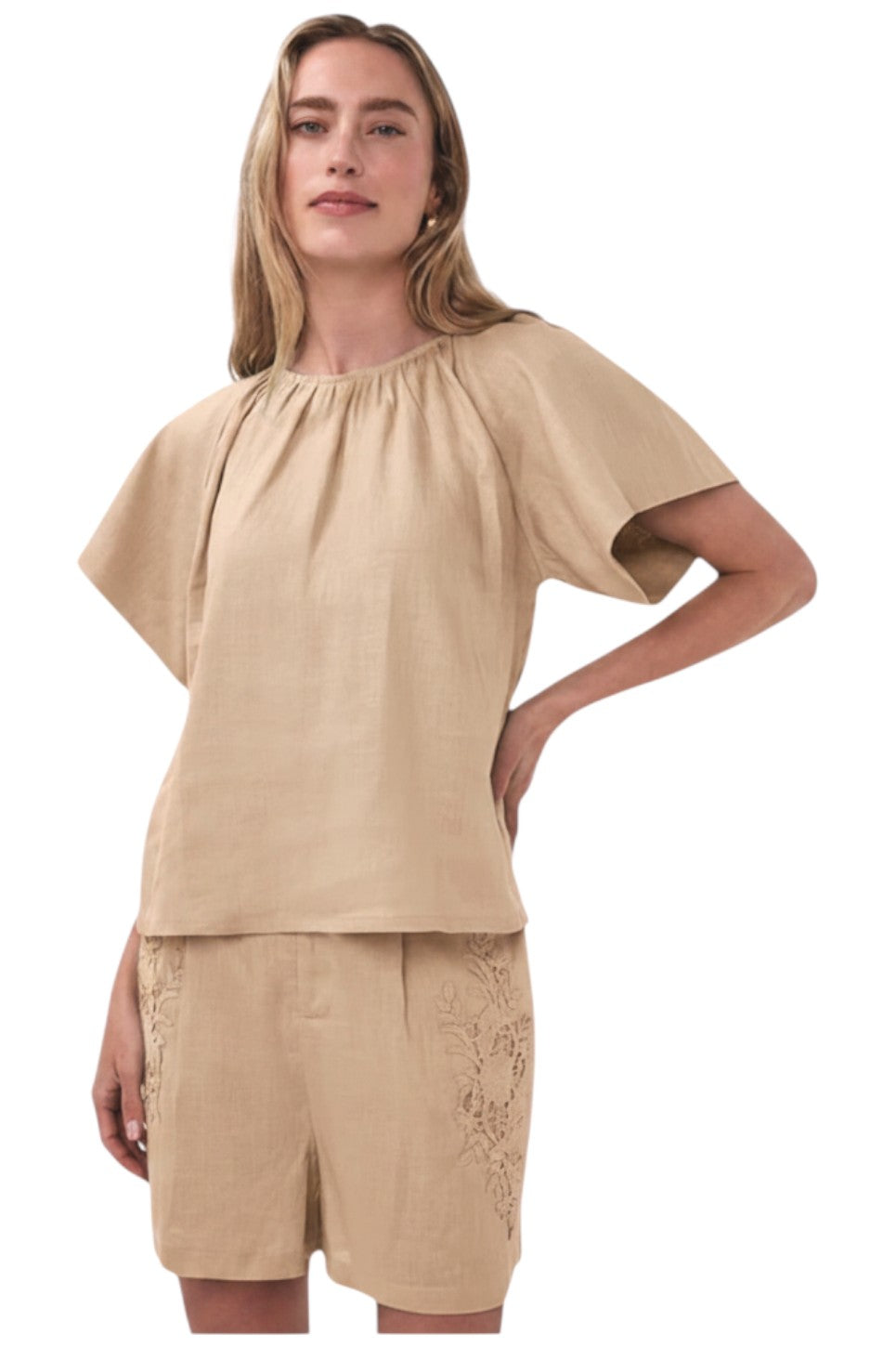 EsQualo Blouse Back Detail Linen Sand