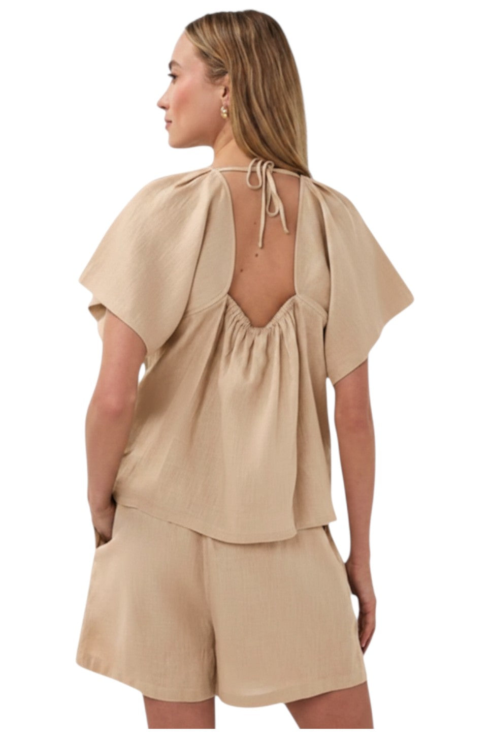 EsQualo Blouse Back Detail Linen Sand