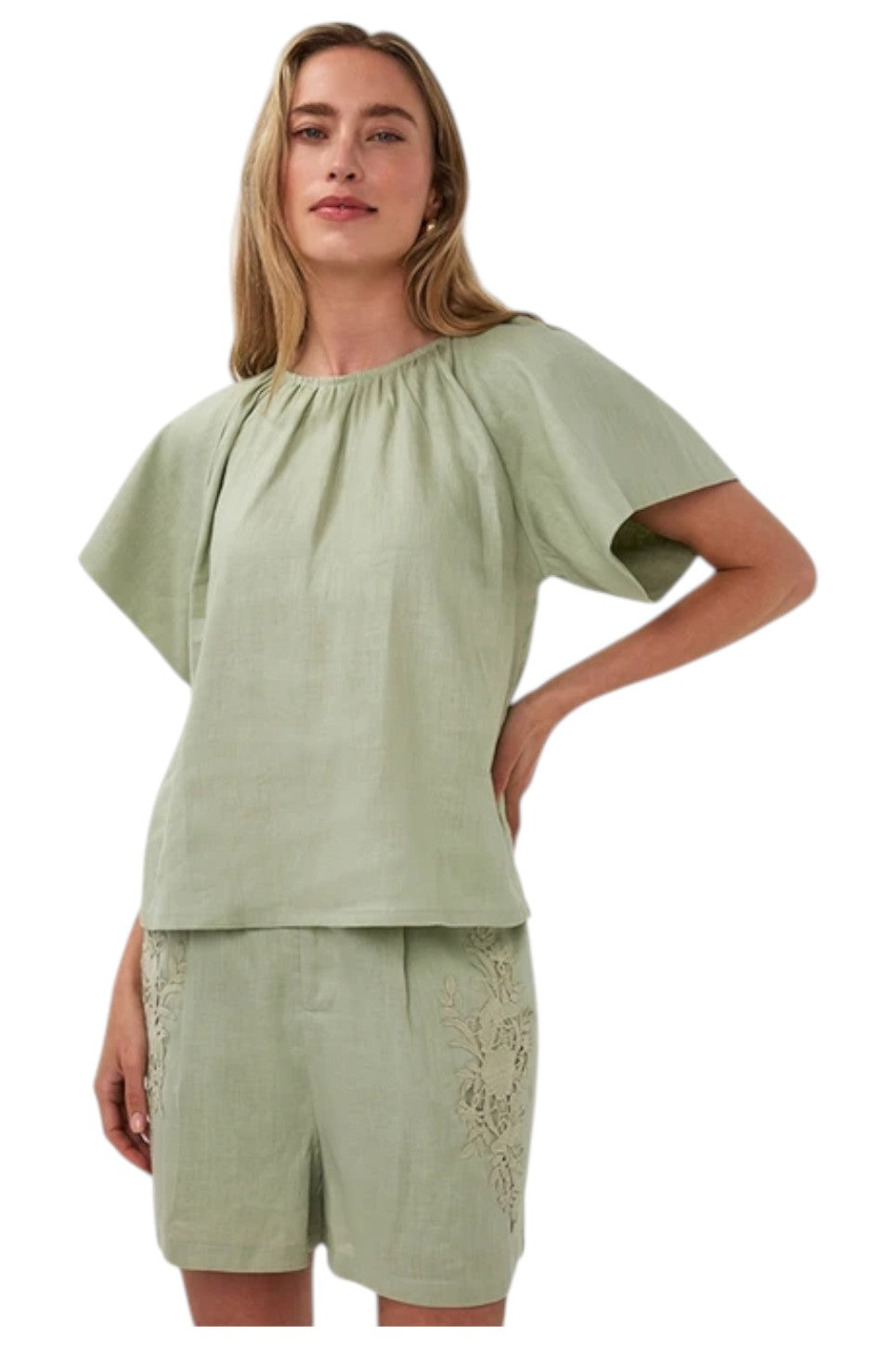 EsQualo Blouse Back Detail Linen Soft Green