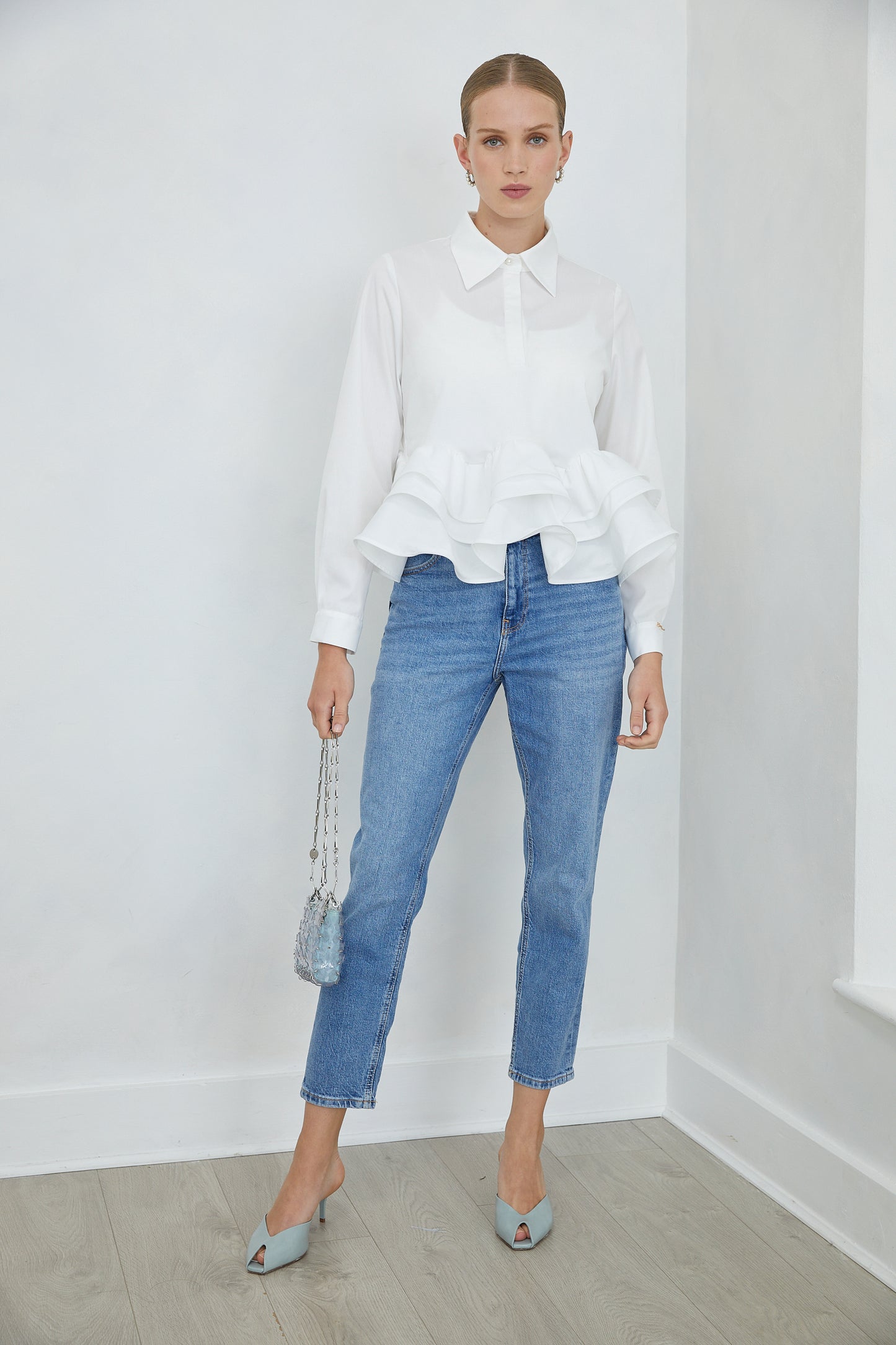 Carenza White Collared Peplum Shirt with Ruffle Hem