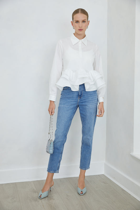 Carenza White Collared Peplum Shirt with Ruffle Hem