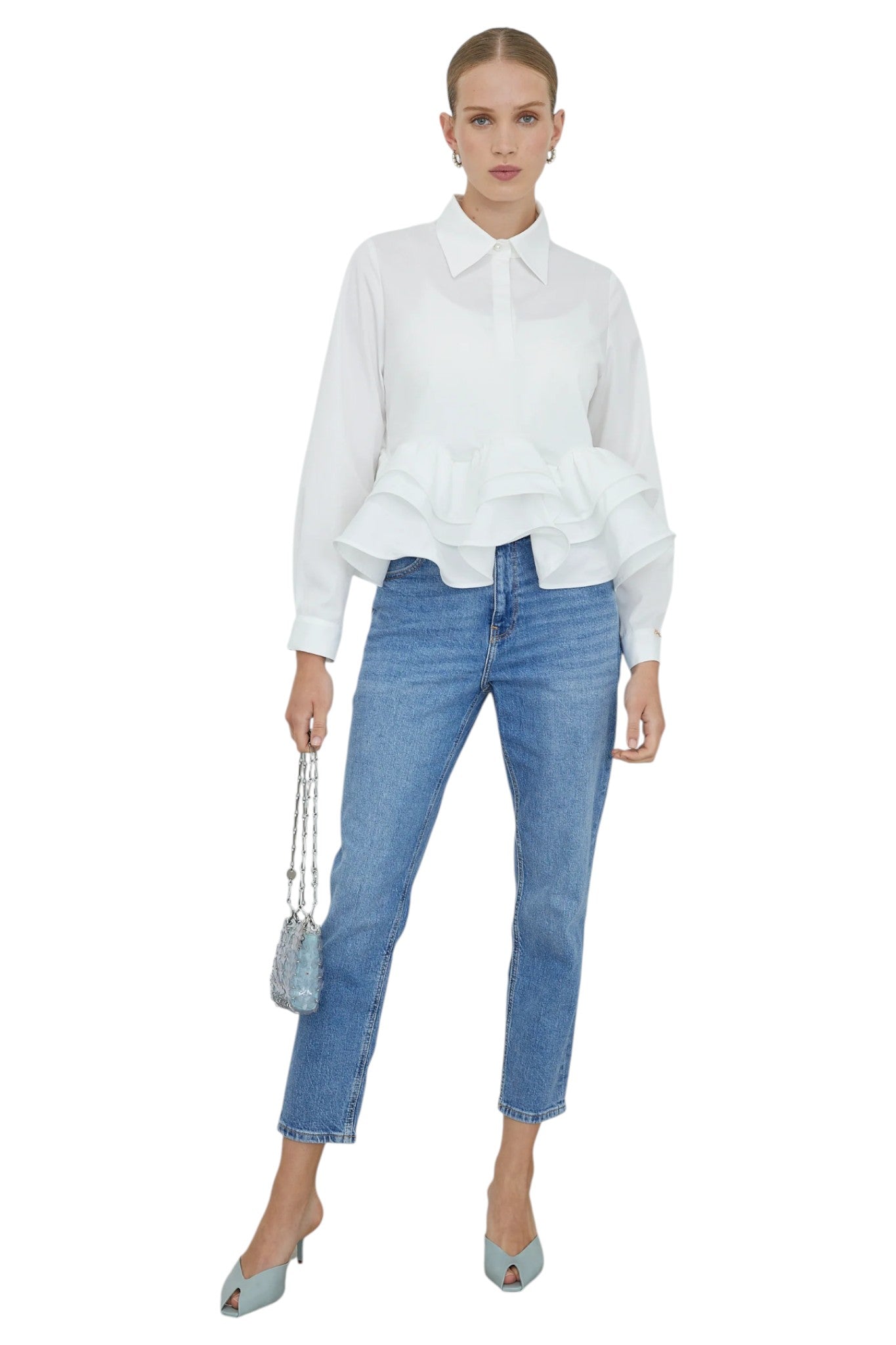 Carenza White Collared Peplum Shirt with Ruffle Hem