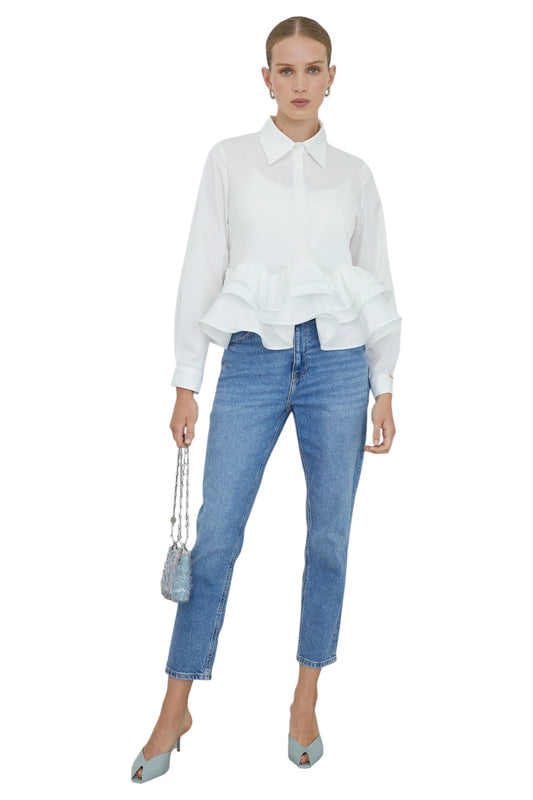 Carenza White Collared Peplum Shirt with Ruffle Hem