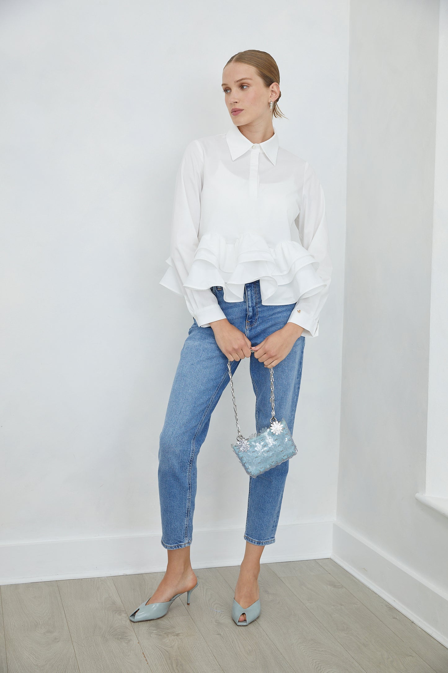 Carenza White Collared Peplum Shirt with Ruffle Hem