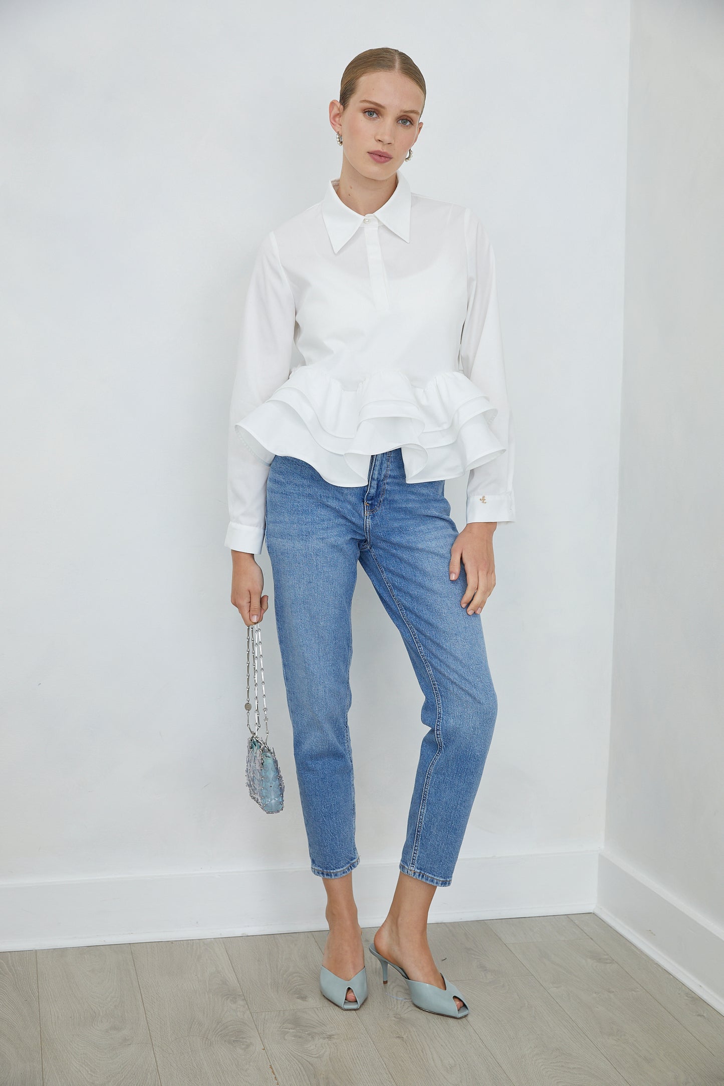 Carenza White Collared Peplum Shirt with Ruffle Hem