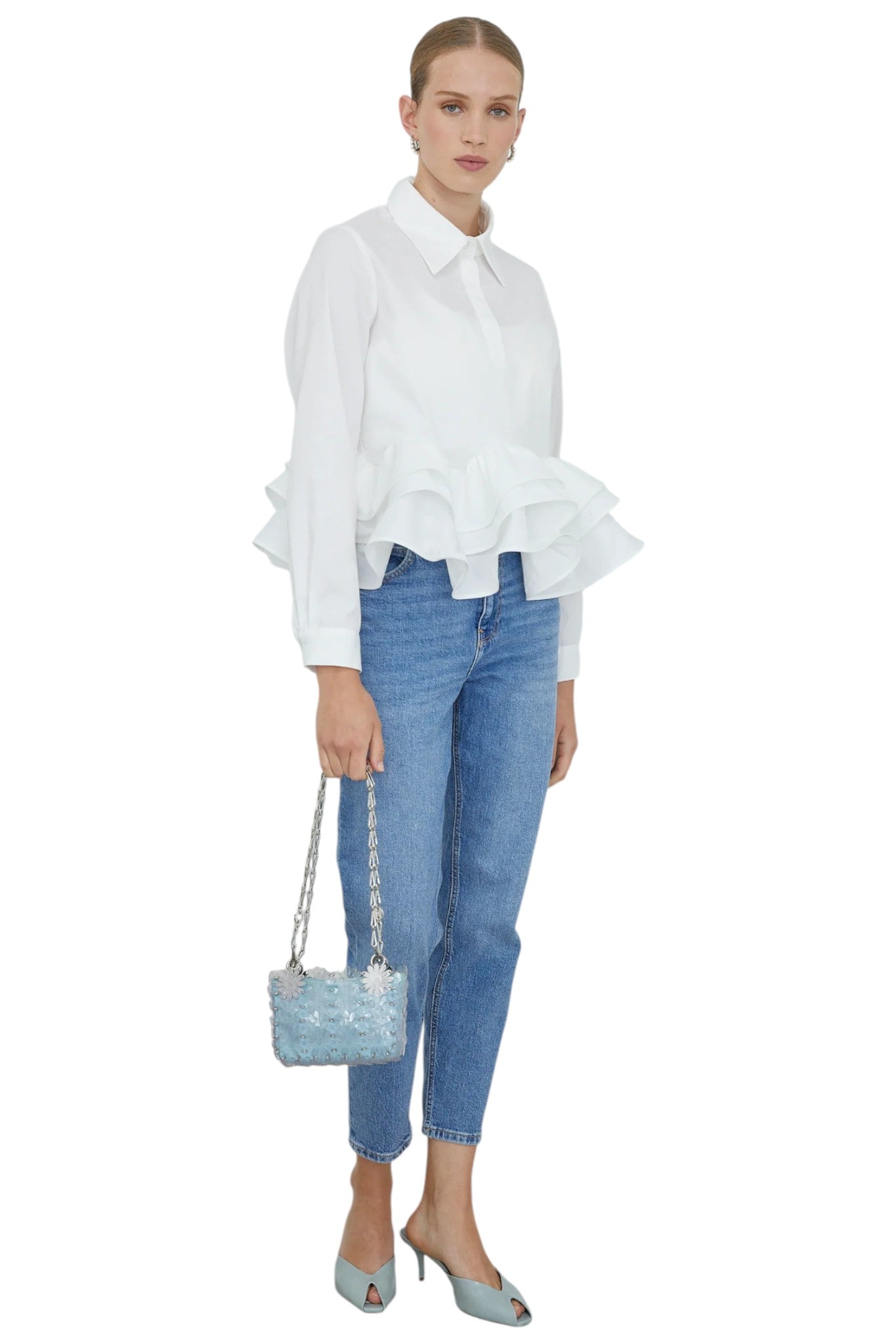 Carenza White Collared Peplum Shirt with Ruffle Hem