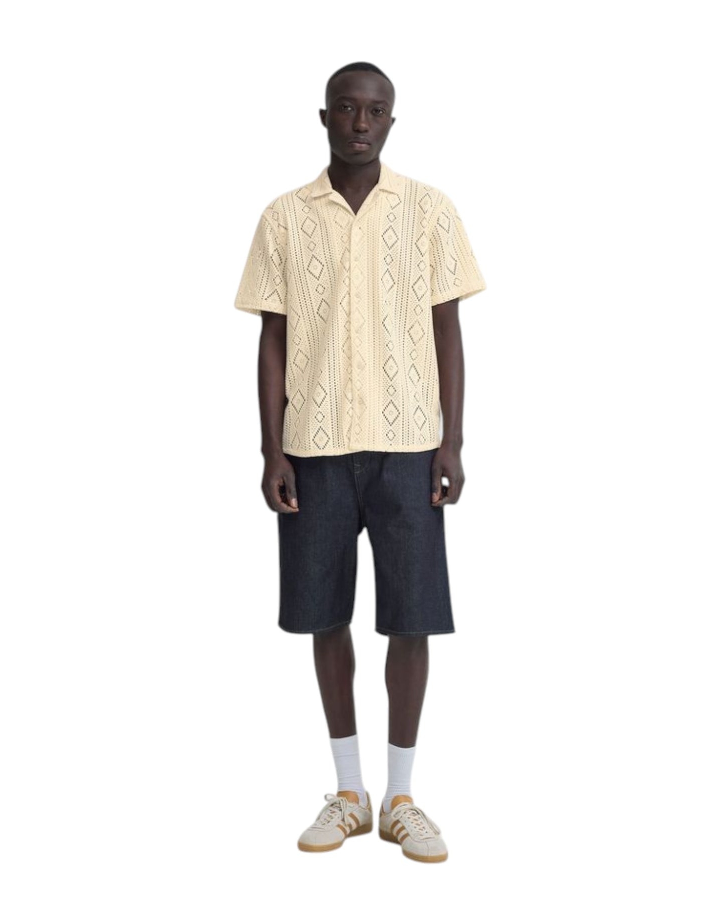 Blend Cotton Crochet Short Sleeve Shirt Off White