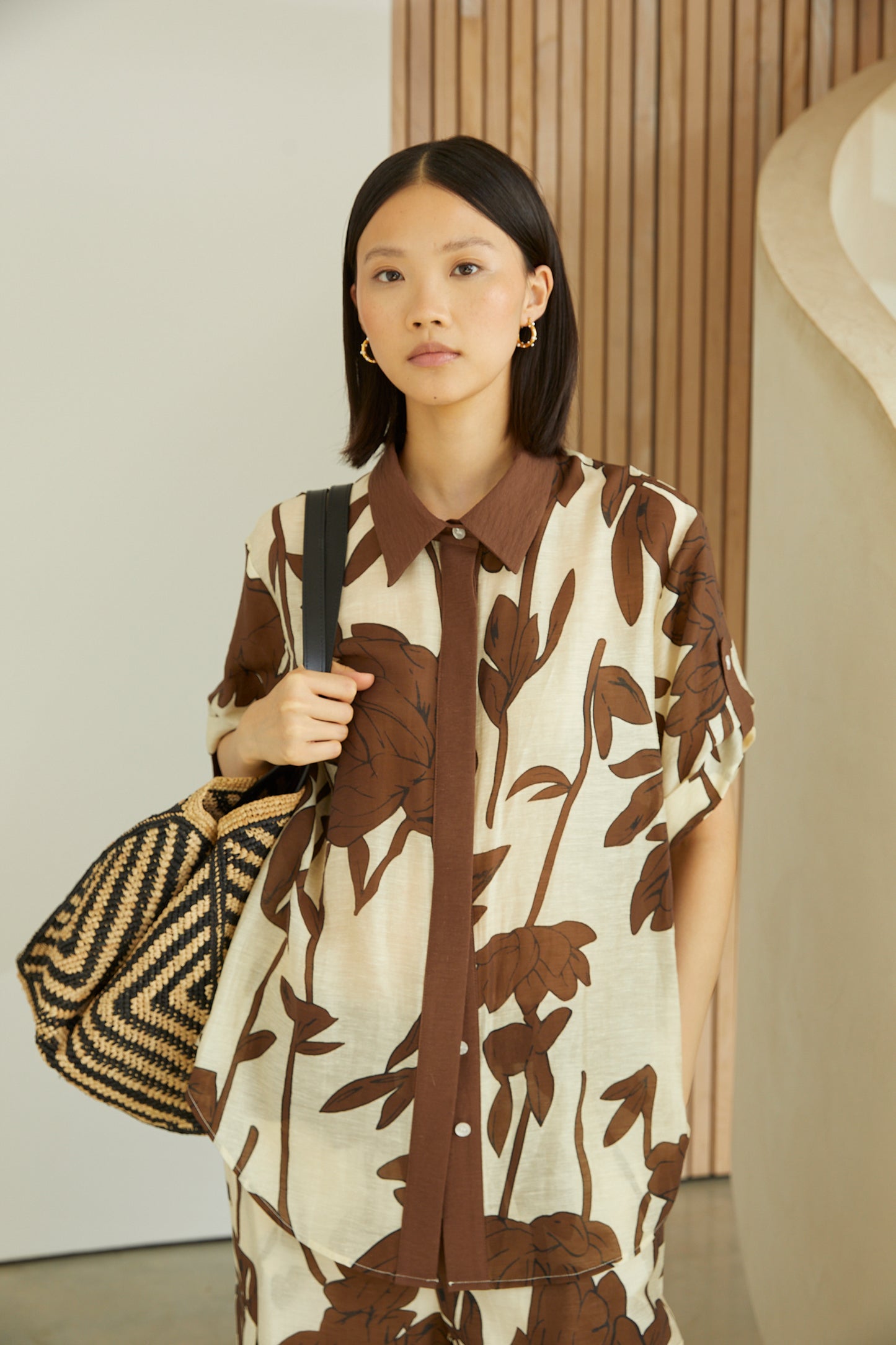 Dion Brown Linen Blend Floral Print Relaxed Shirt