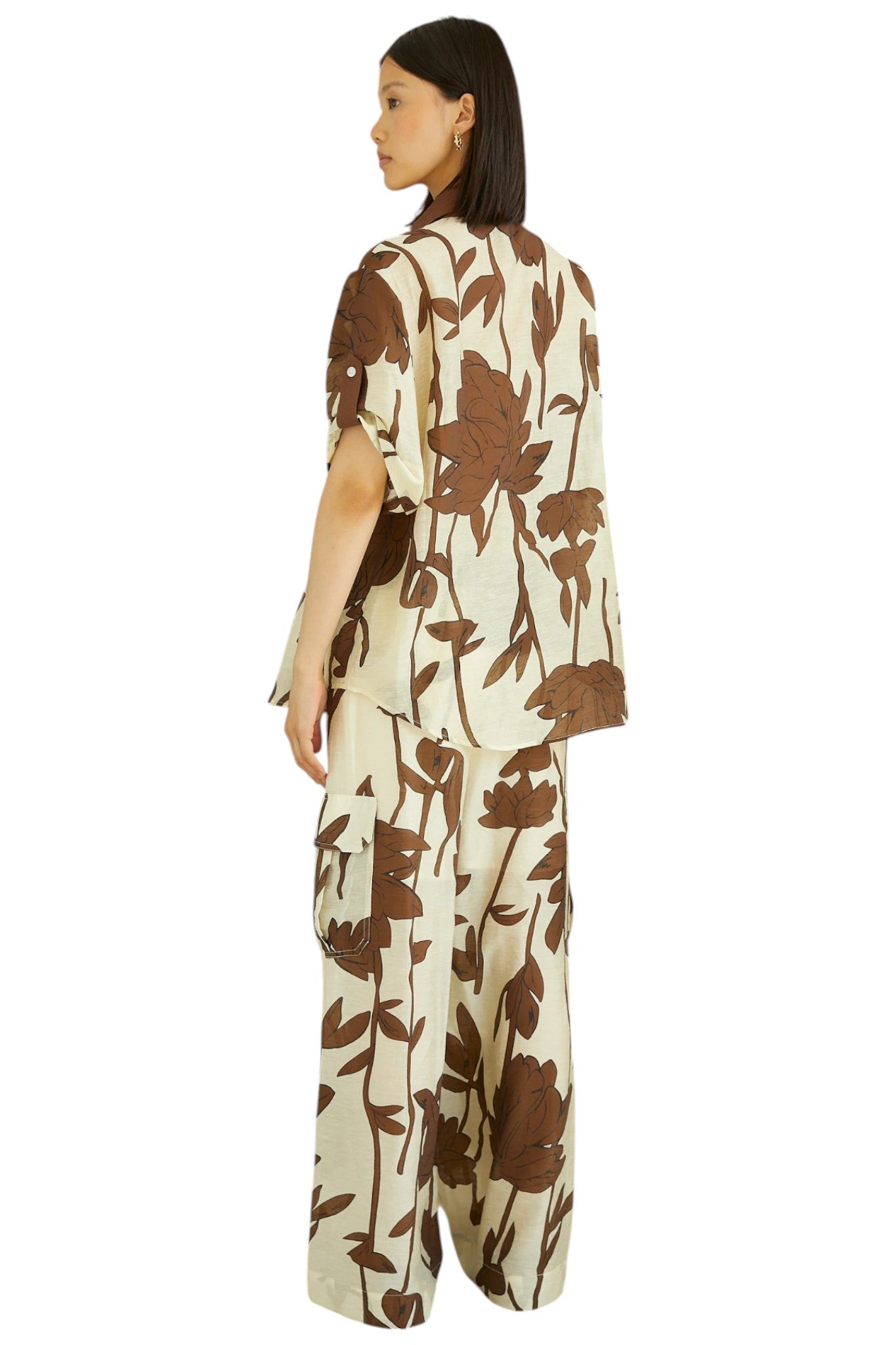 Dion Brown Linen Blend Floral Print Relaxed Shirt