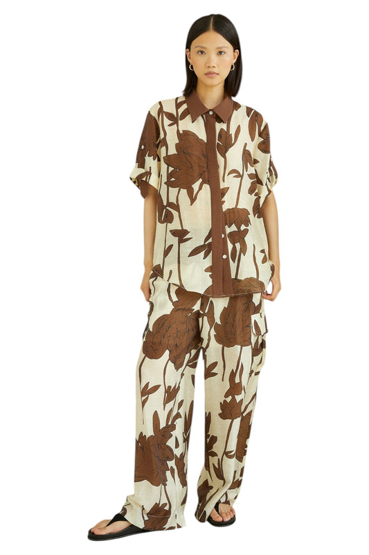 Dion Brown Linen Blend Floral Print Relaxed Shirt
