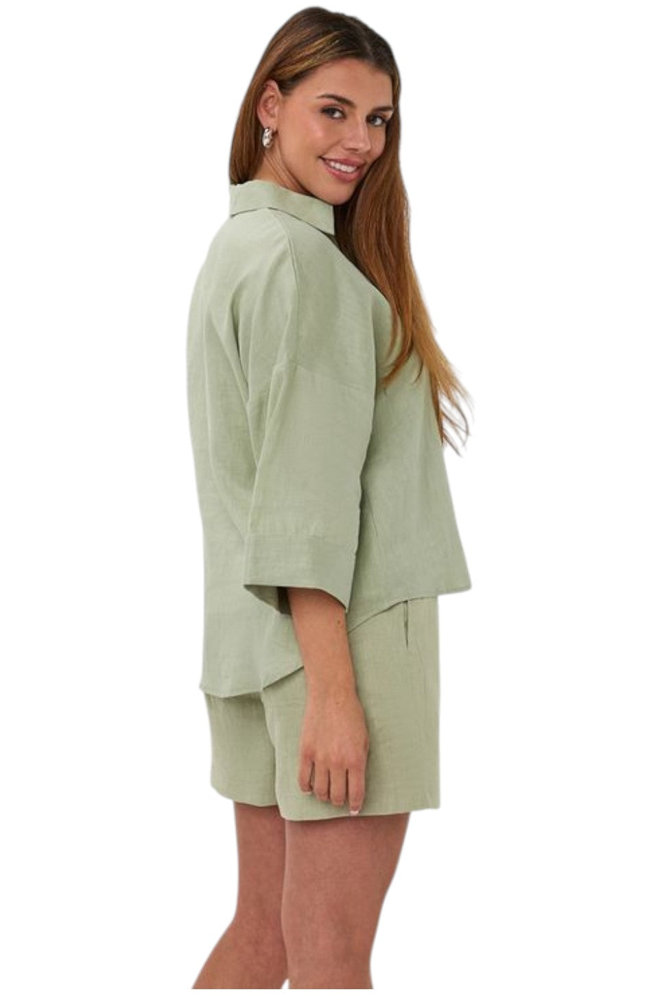 EsQualo BLOUSE TURN UP LINEN Soft Green