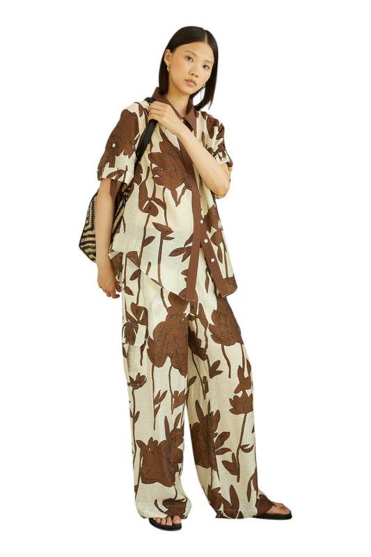 Elyna Brown Linen Blend floral Print Wide leg Trousers With Pockets