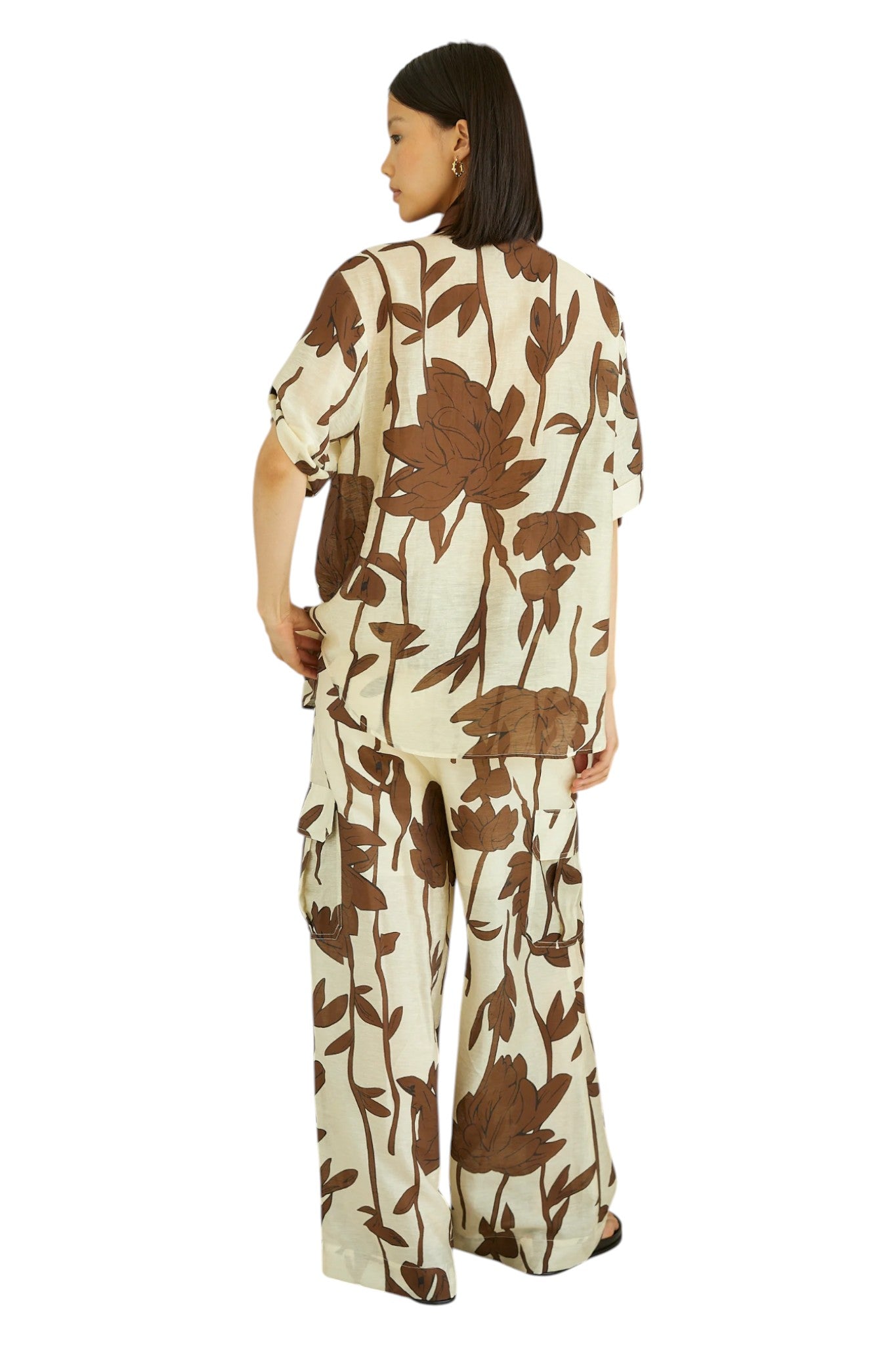 Elyna Brown Linen Blend floral Print Wide leg Trousers With Pockets