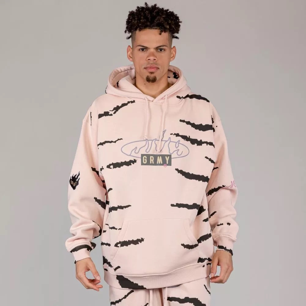 Men Cloven Tongues All Over Print Vintage Hoodie in Cream