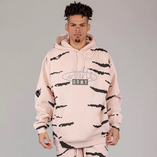 Men Cloven Tongues All Over Print Vintage Hoodie in Cream