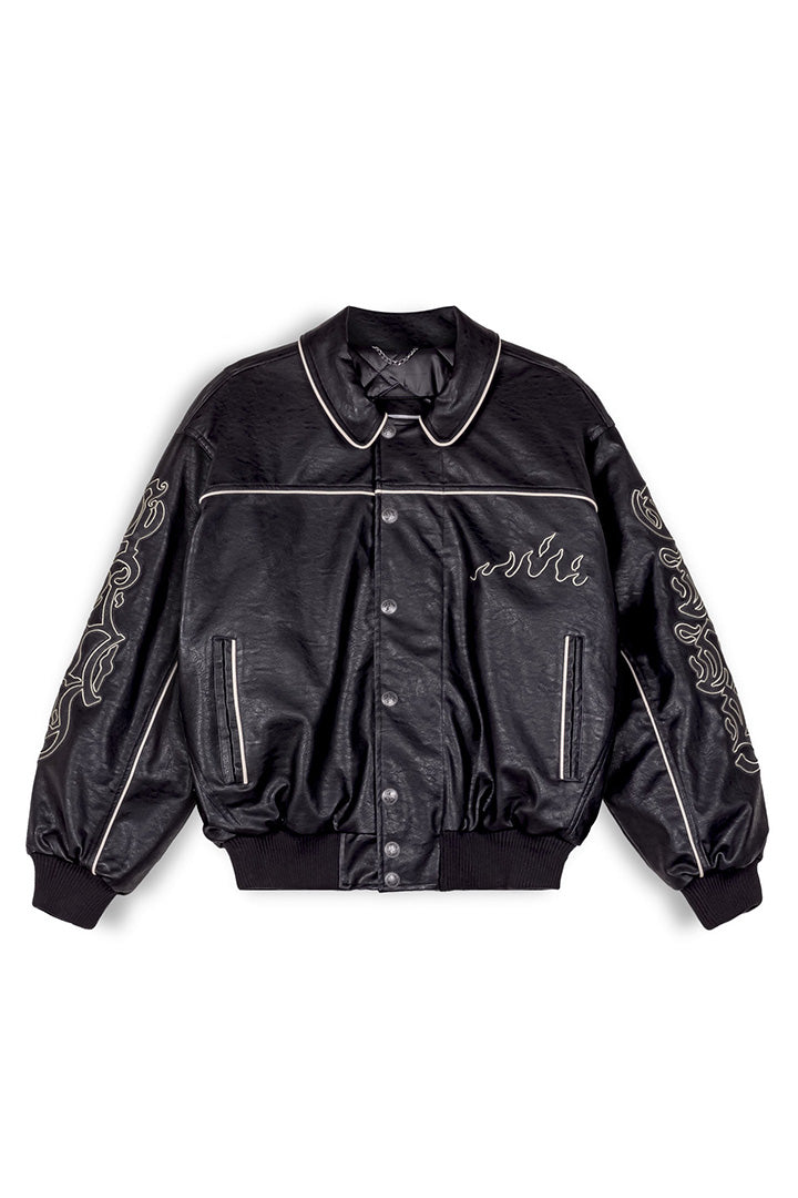 Men Fire Route PU Leather Jacket in Black