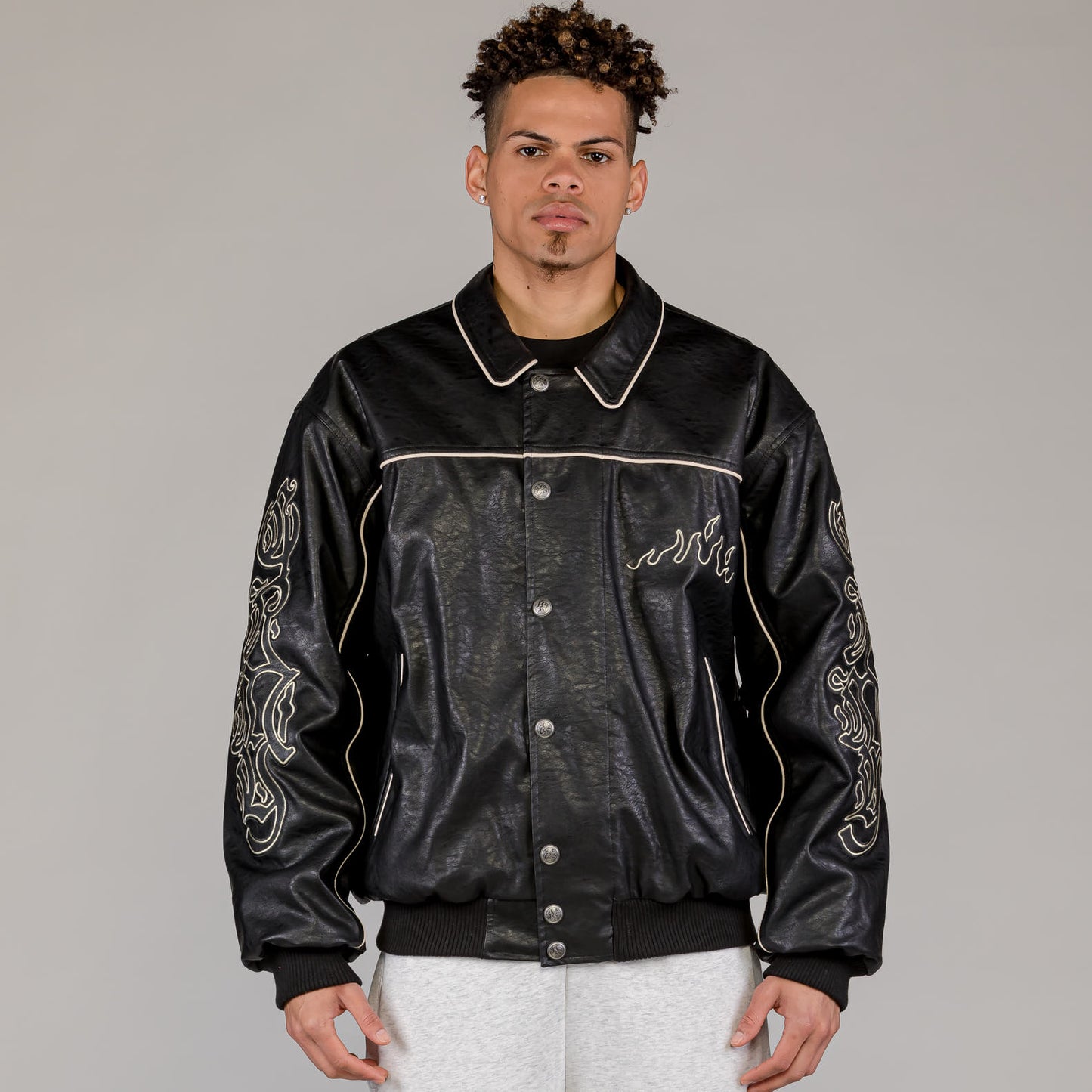 Men Fire Route PU Leather Jacket in Black