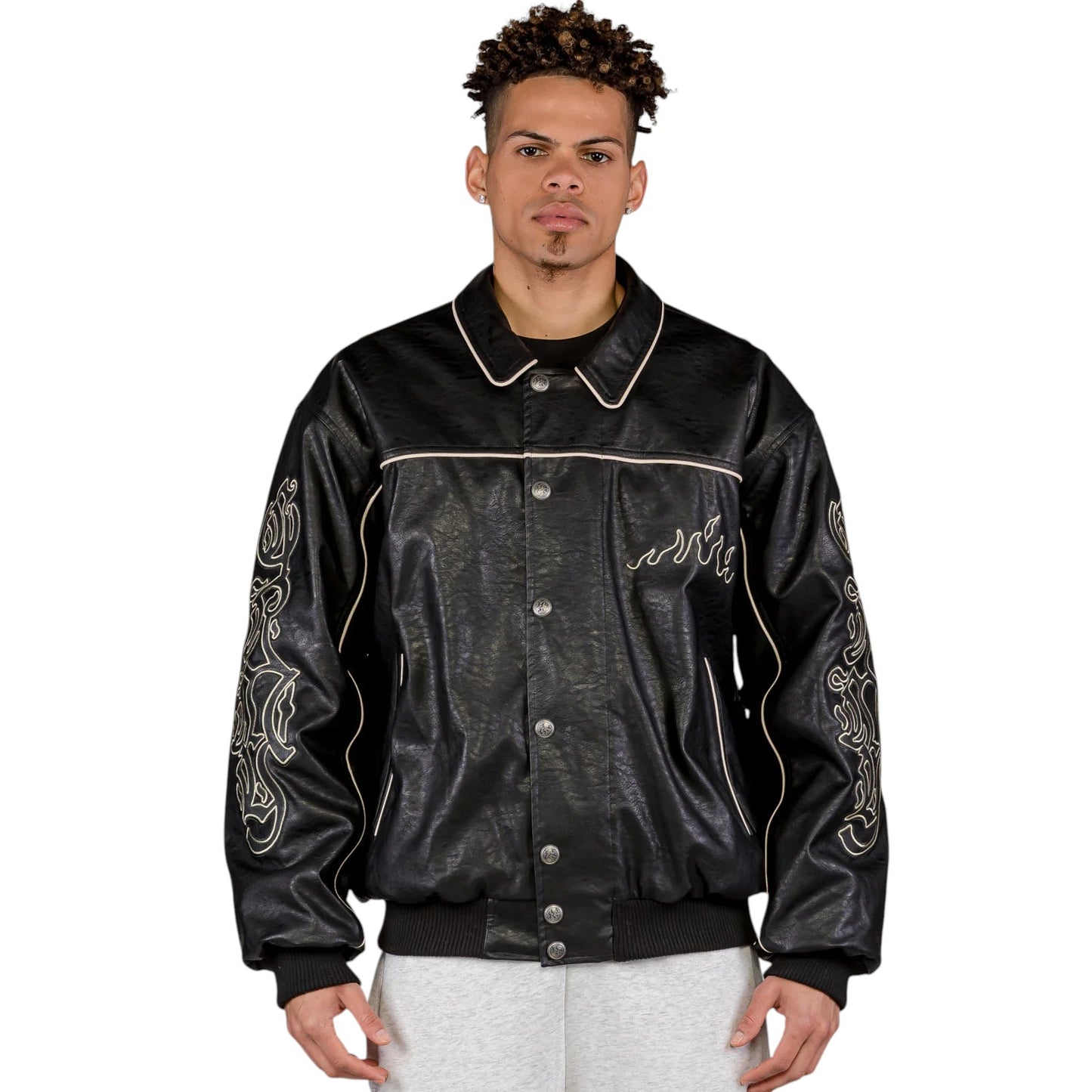 Men Fire Route PU Leather Jacket in Black