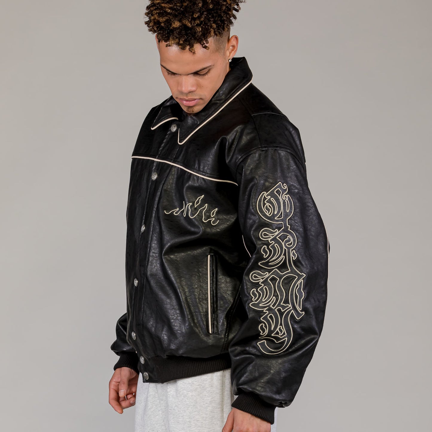 Men Fire Route PU Leather Jacket in Black