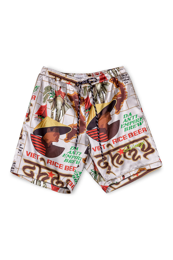 Men Viet Cong Beer Satin Short in White/Multicolor