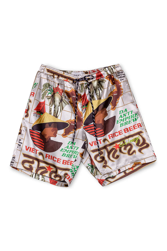 Men Viet Cong Beer Satin Short in White/Multicolor