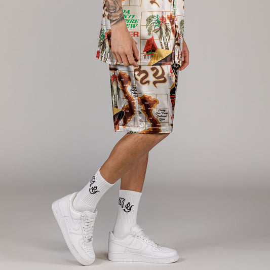 Men Viet Cong Beer Satin Short in White/Multicolor