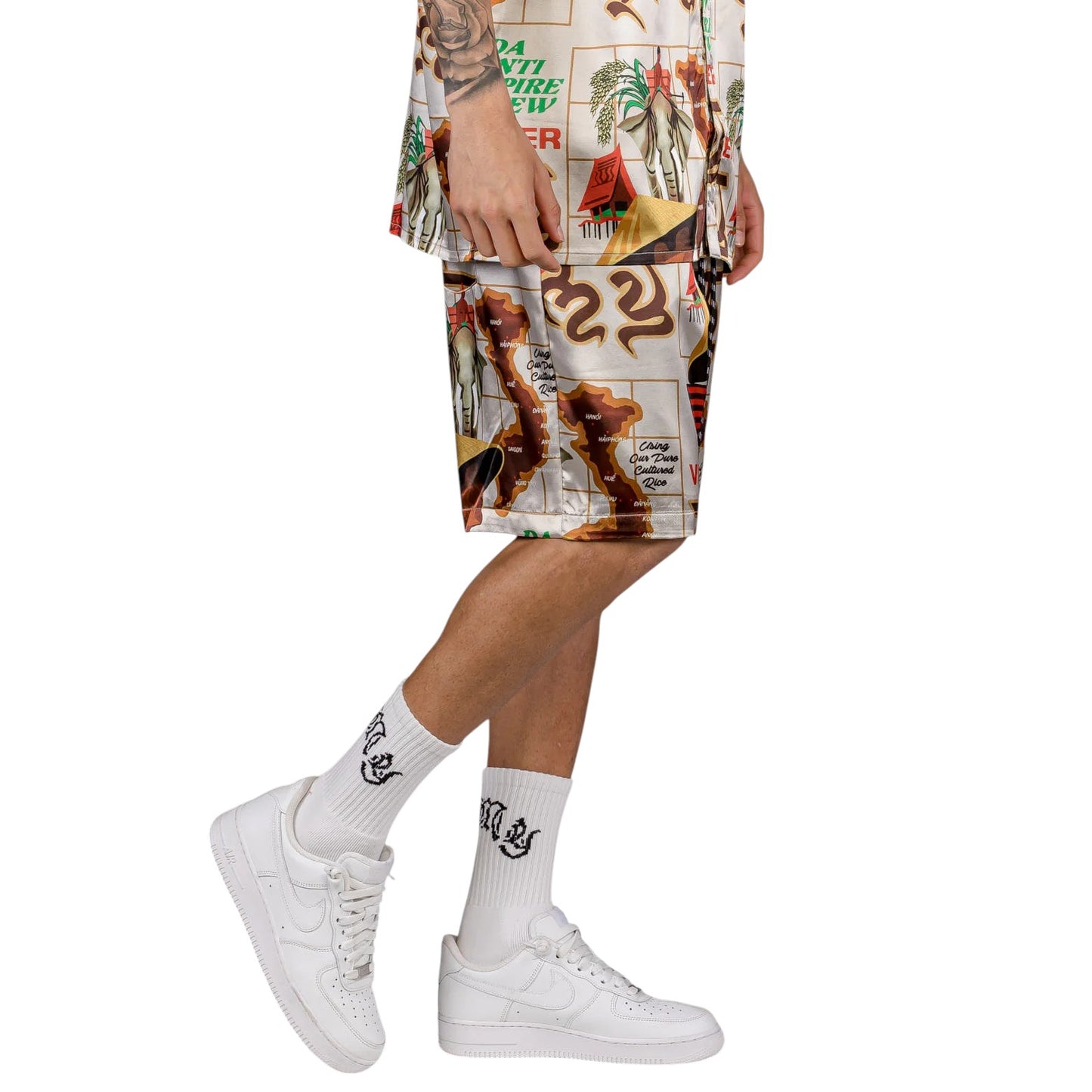 Men Viet Cong Beer Satin Short in White/Multicolor
