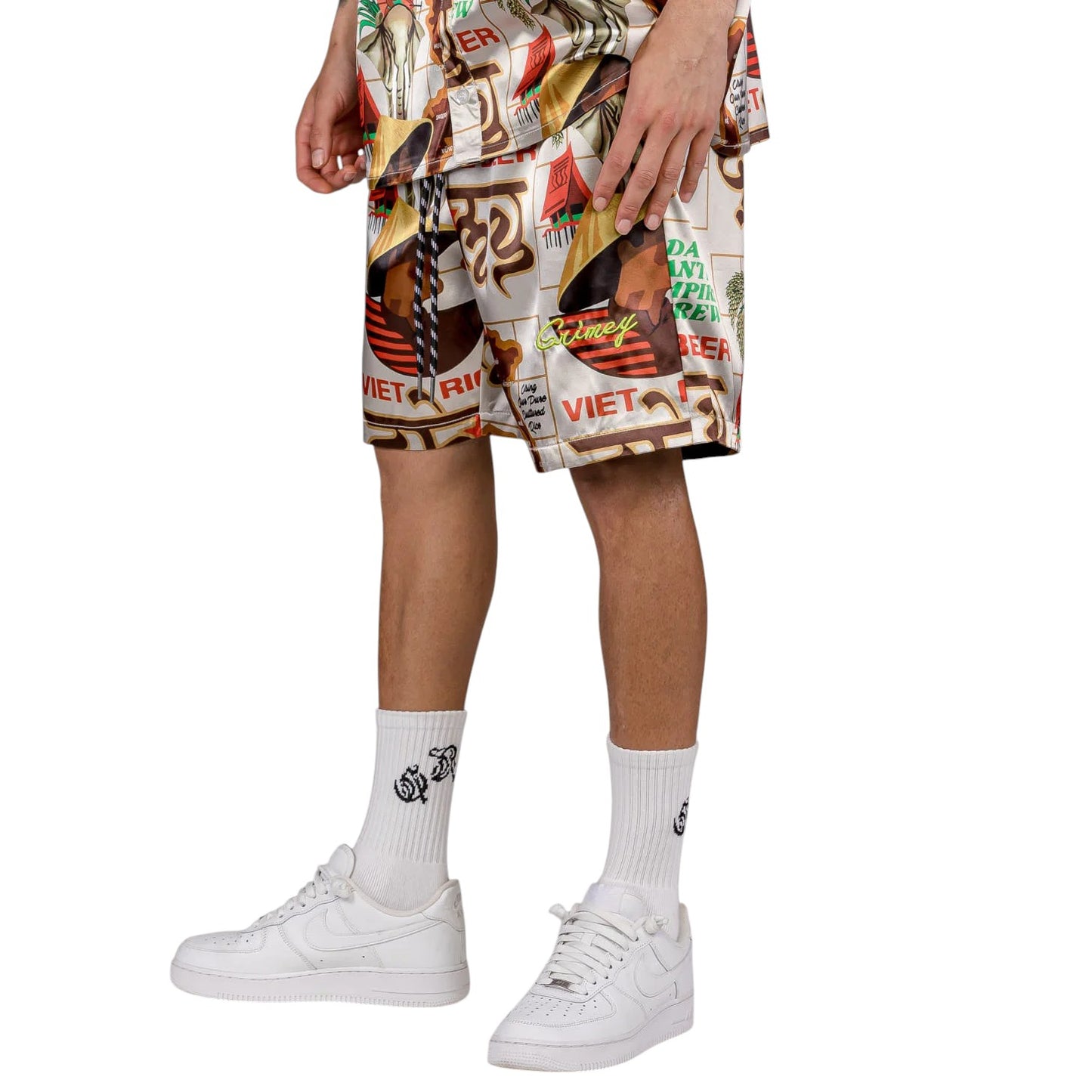 Men Viet Cong Beer Satin Short in White/Multicolor