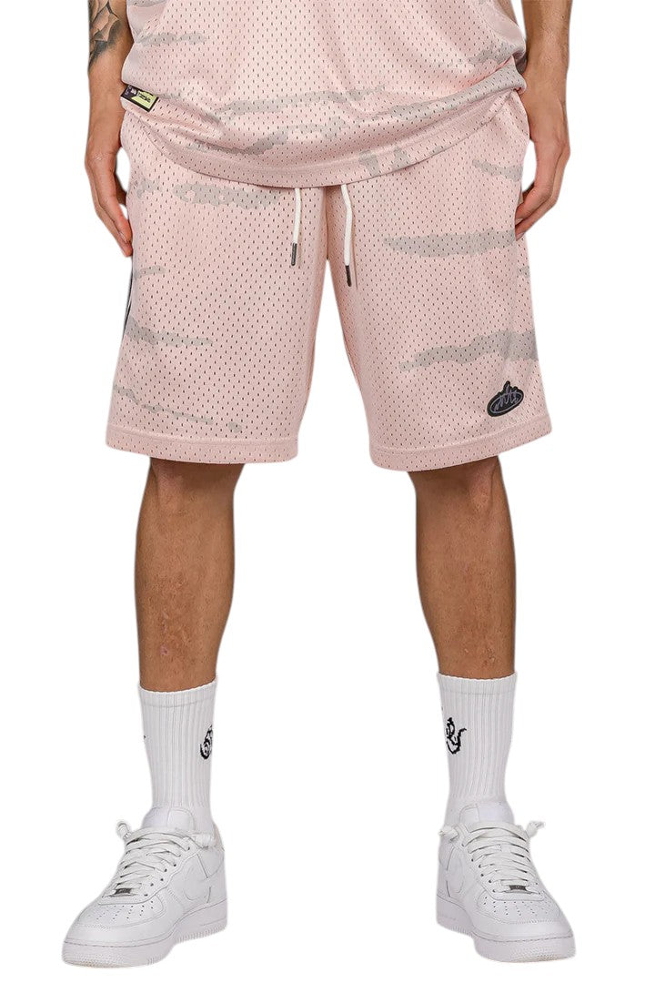 Men Cloven Tongues All Over Print Mesh Basket Shorts in Cream