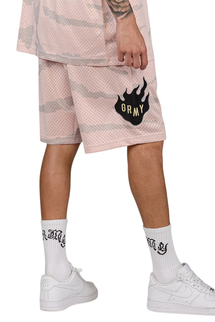 Men Cloven Tongues All Over Print Mesh Basket Shorts in Cream