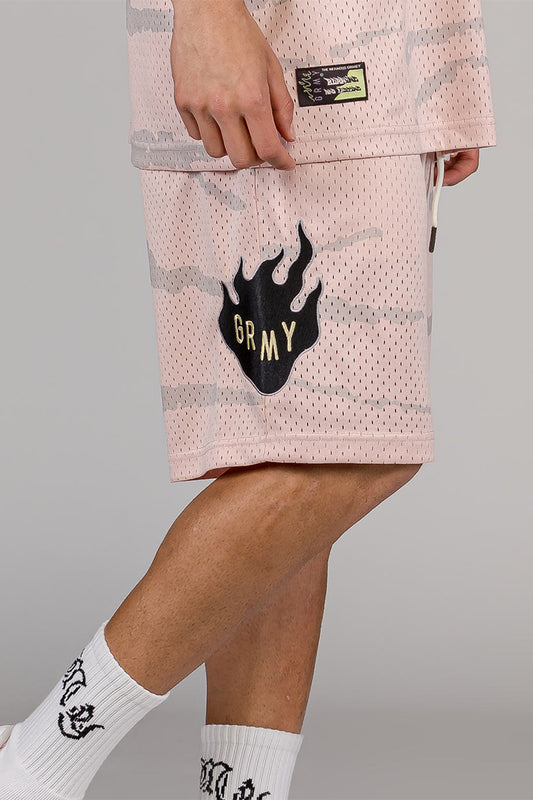 Men Cloven Tongues All Over Print Mesh Basket Shorts in Cream