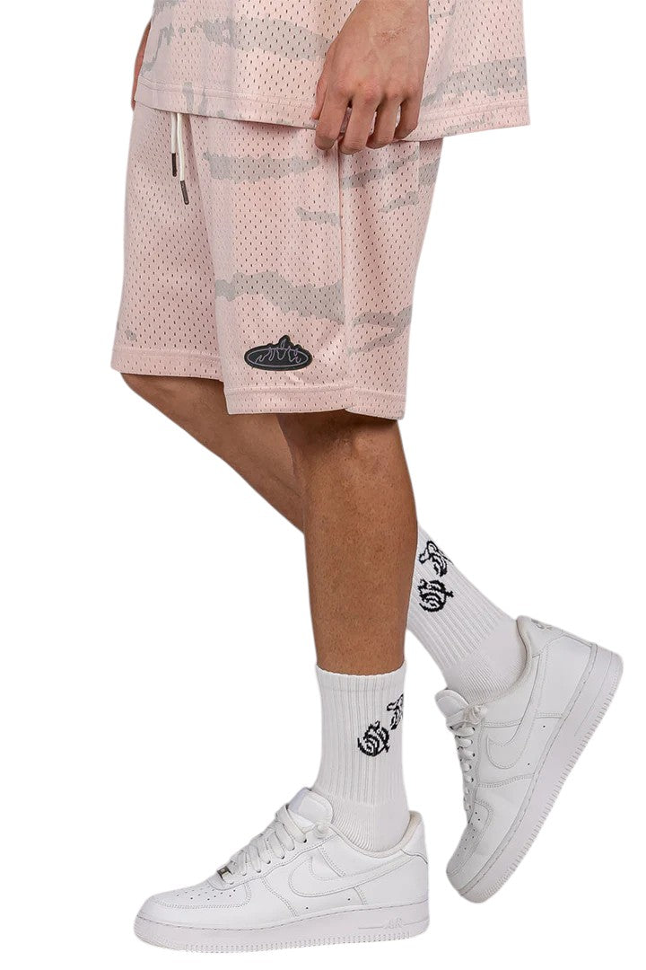 Men Cloven Tongues All Over Print Mesh Basket Shorts in Cream