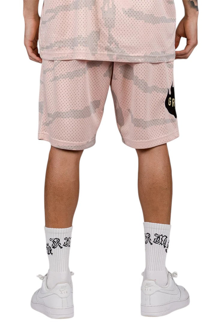 Men Cloven Tongues All Over Print Mesh Basket Shorts in Cream