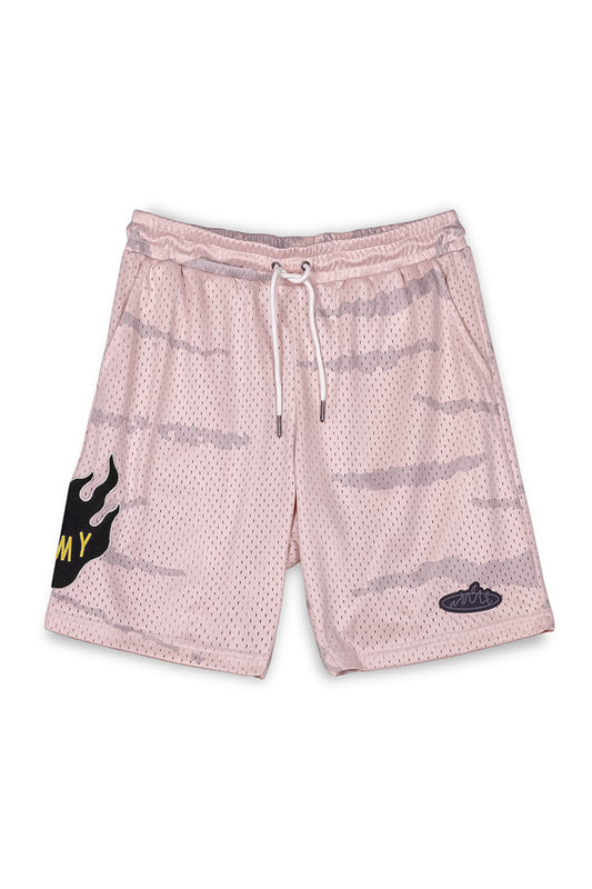 Men Cloven Tongues All Over Print Mesh Basket Shorts in Cream