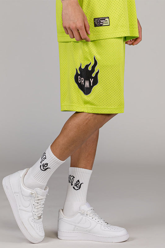 Men Cloven Tongues Mesh Basket Shorts in Lime Green