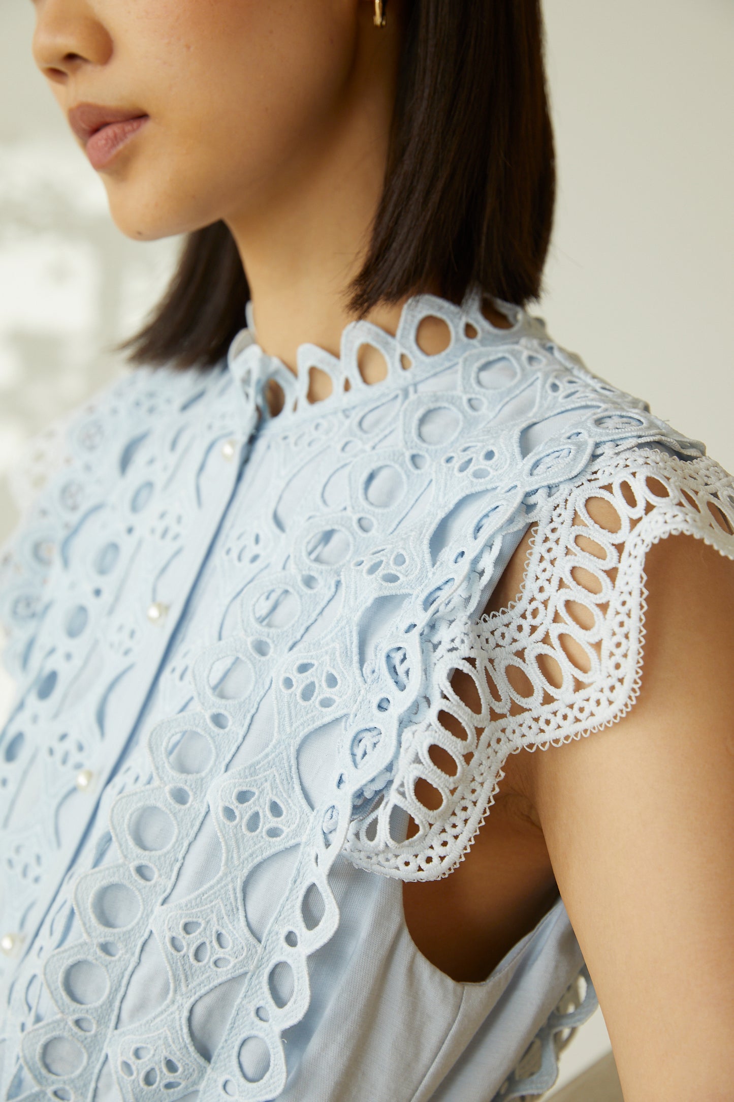 Irida Light Blue Cotton Lace Midi Dress With Scalloped Hem