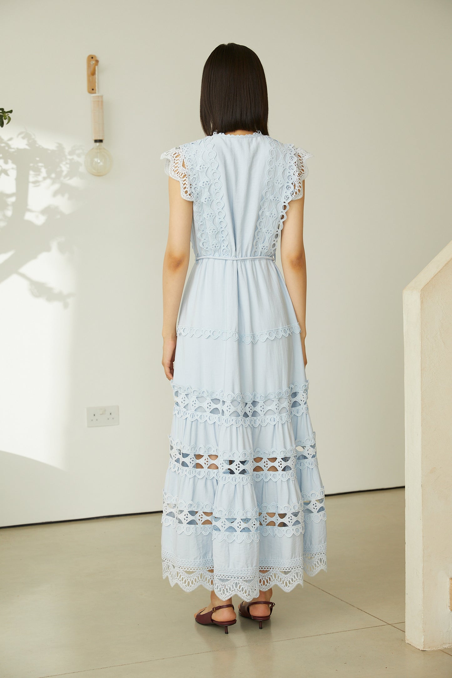 Irida Light Blue Cotton Lace Midi Dress With Scalloped Hem
