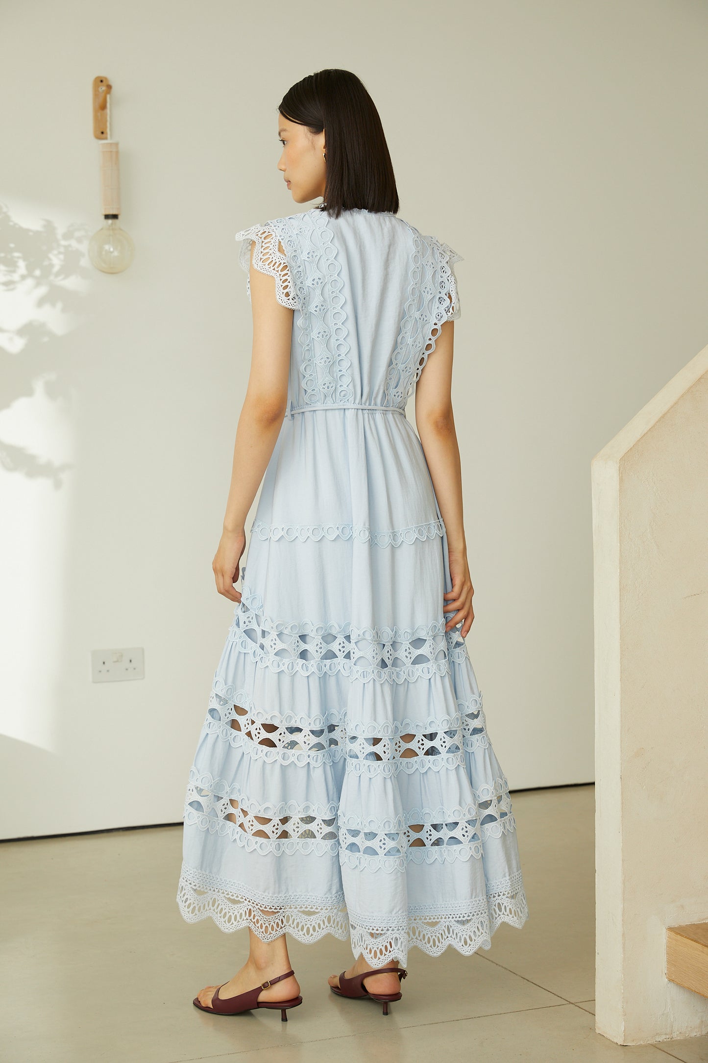 Irida Light Blue Cotton Lace Midi Dress With Scalloped Hem