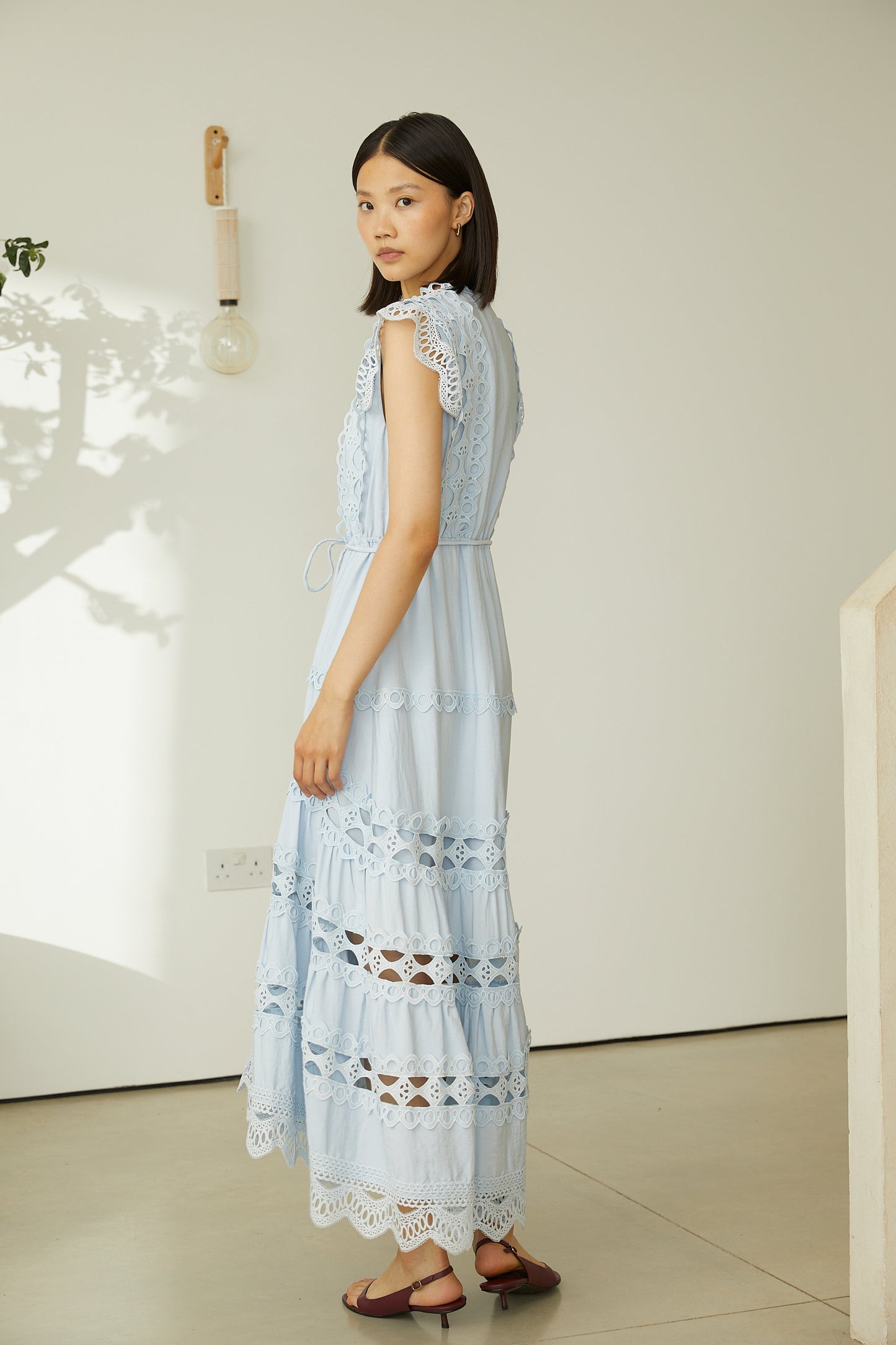 Irida Light Blue Cotton Lace Midi Dress With Scalloped Hem