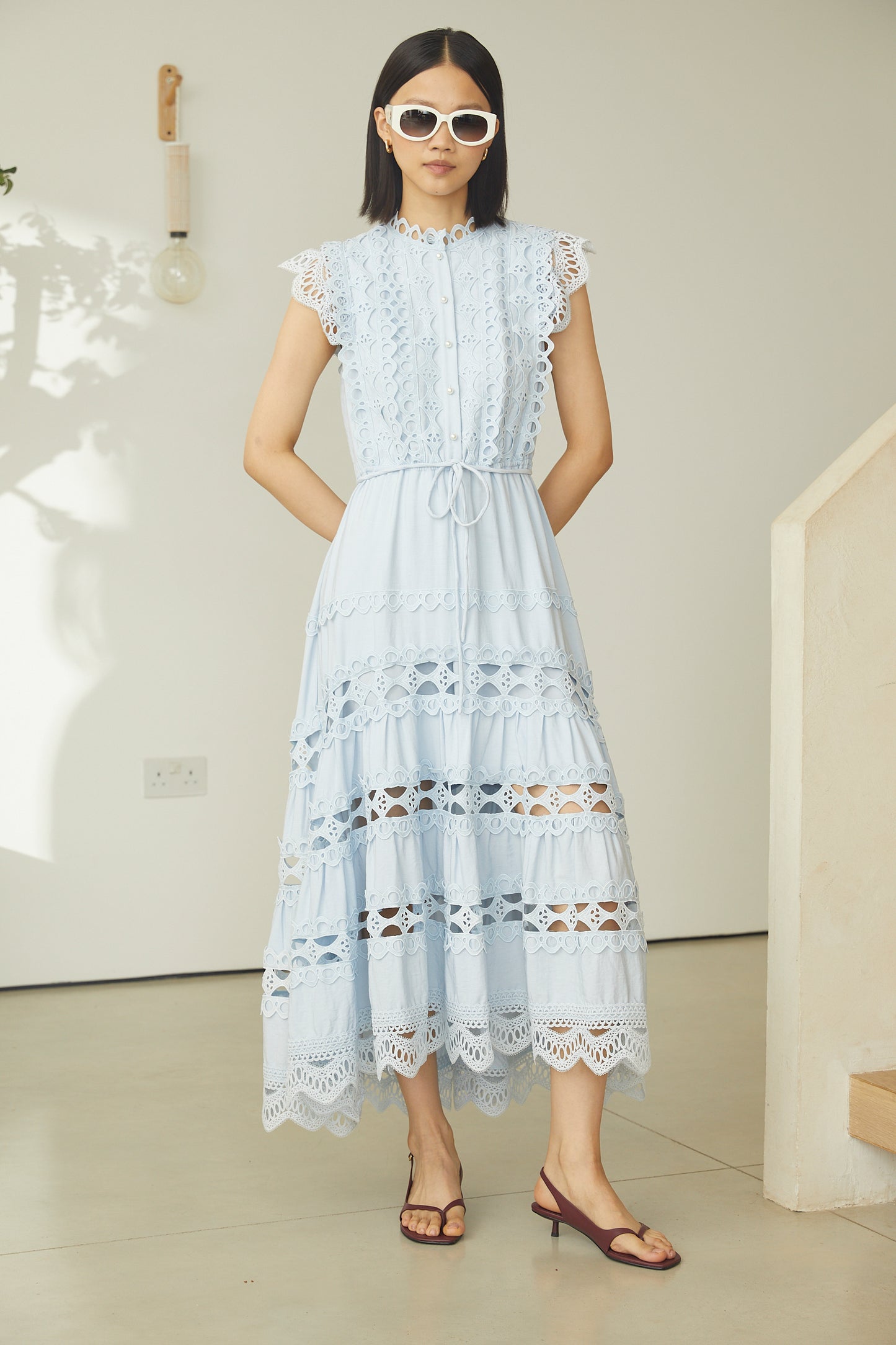 Irida Light Blue Cotton Lace Midi Dress With Scalloped Hem