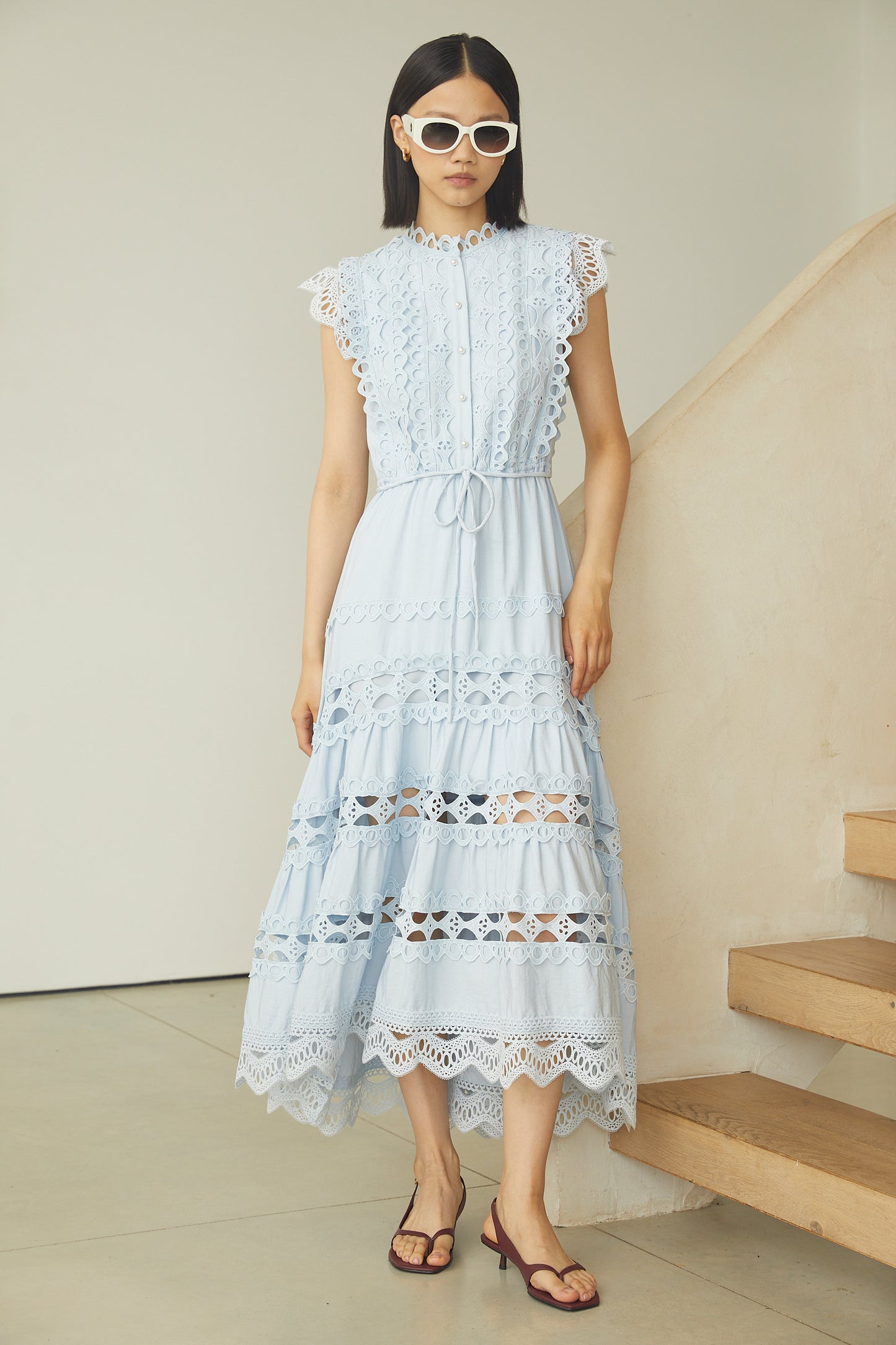 Irida Light Blue Cotton Lace Midi Dress With Scalloped Hem