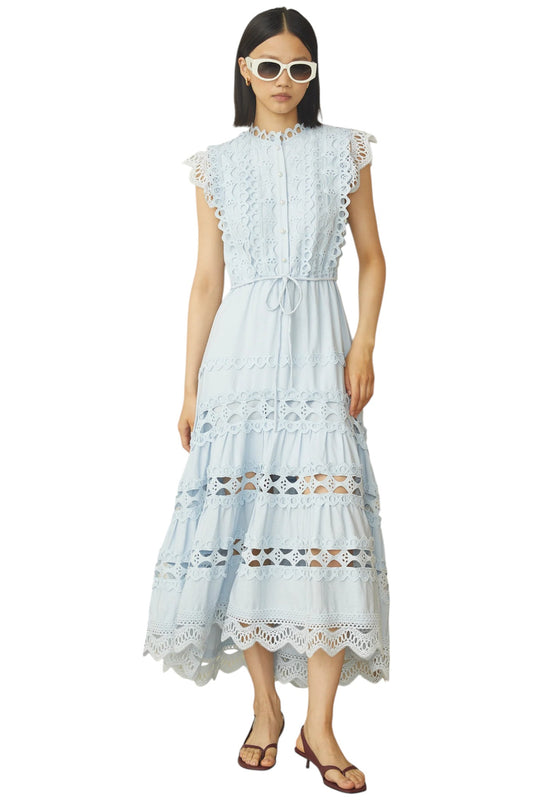 Irida Light Blue Cotton Lace Midi Dress With Scalloped Hem