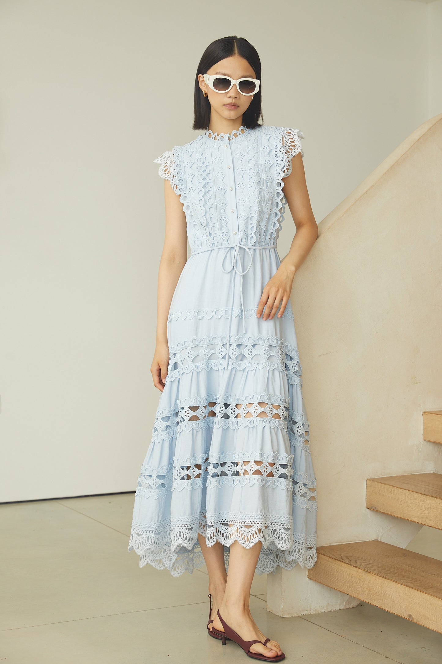Irida Light Blue Cotton Lace Midi Dress With Scalloped Hem