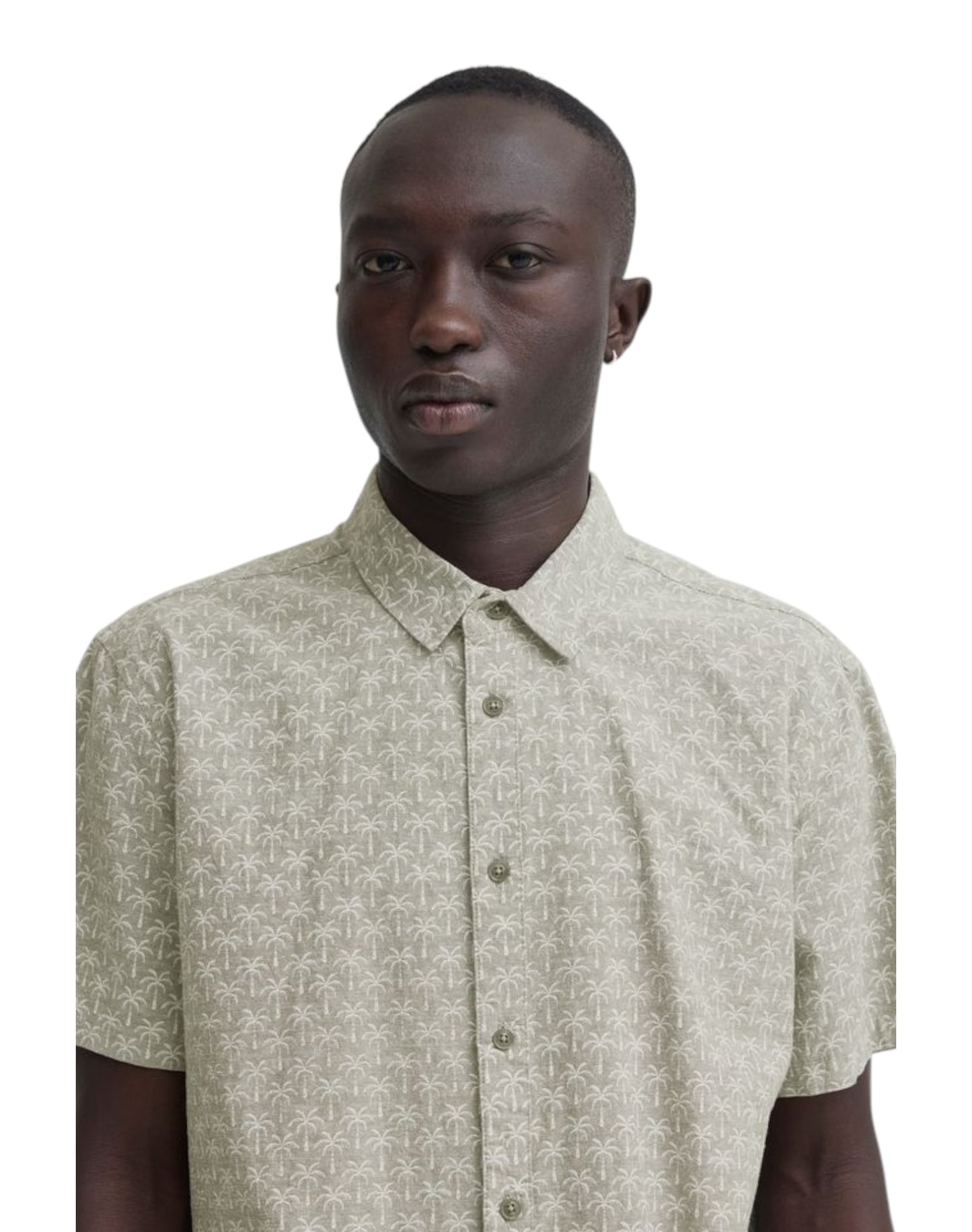 Blend Cotton Short Sleeve Palm Print Shirt Dusty Olive