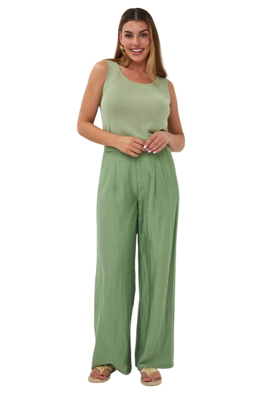 EsQualo Trousers Broeken Wide Light Crinkle Jungle Green