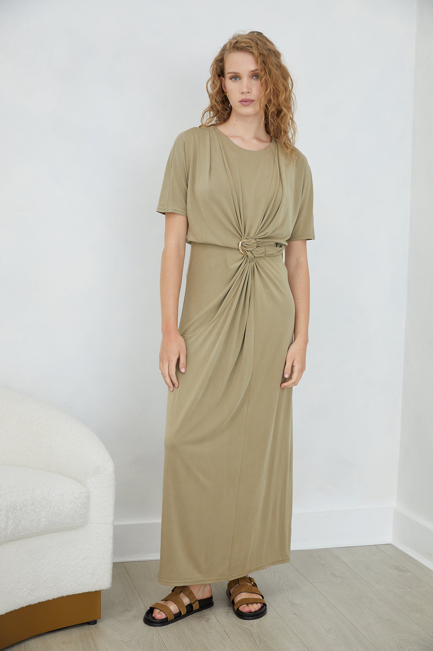 Leandra Khaki Short Sleeve Knot Detail Midi DRESS