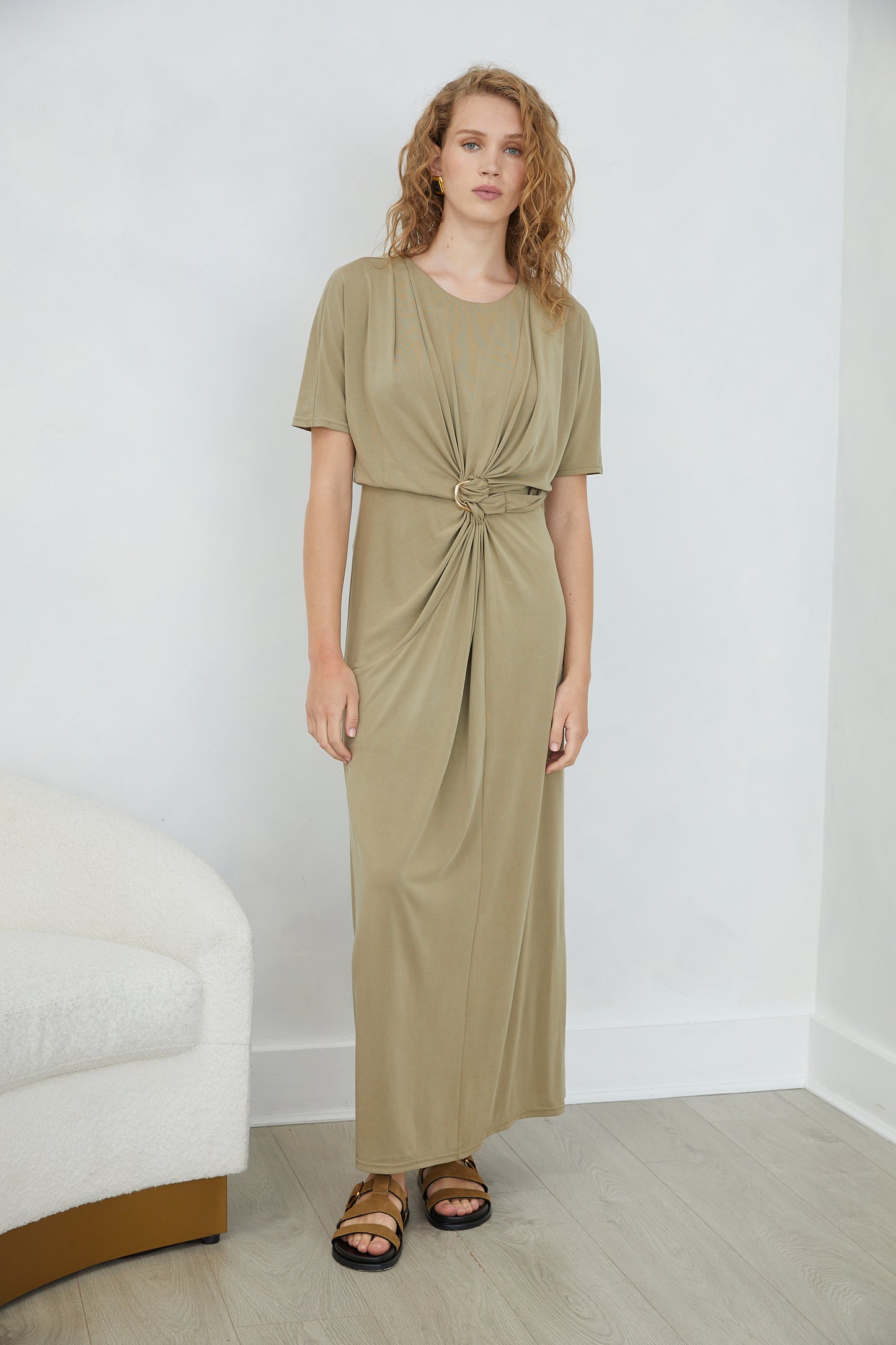 Leandra Khaki Short Sleeve Knot Detail Midi DRESS
