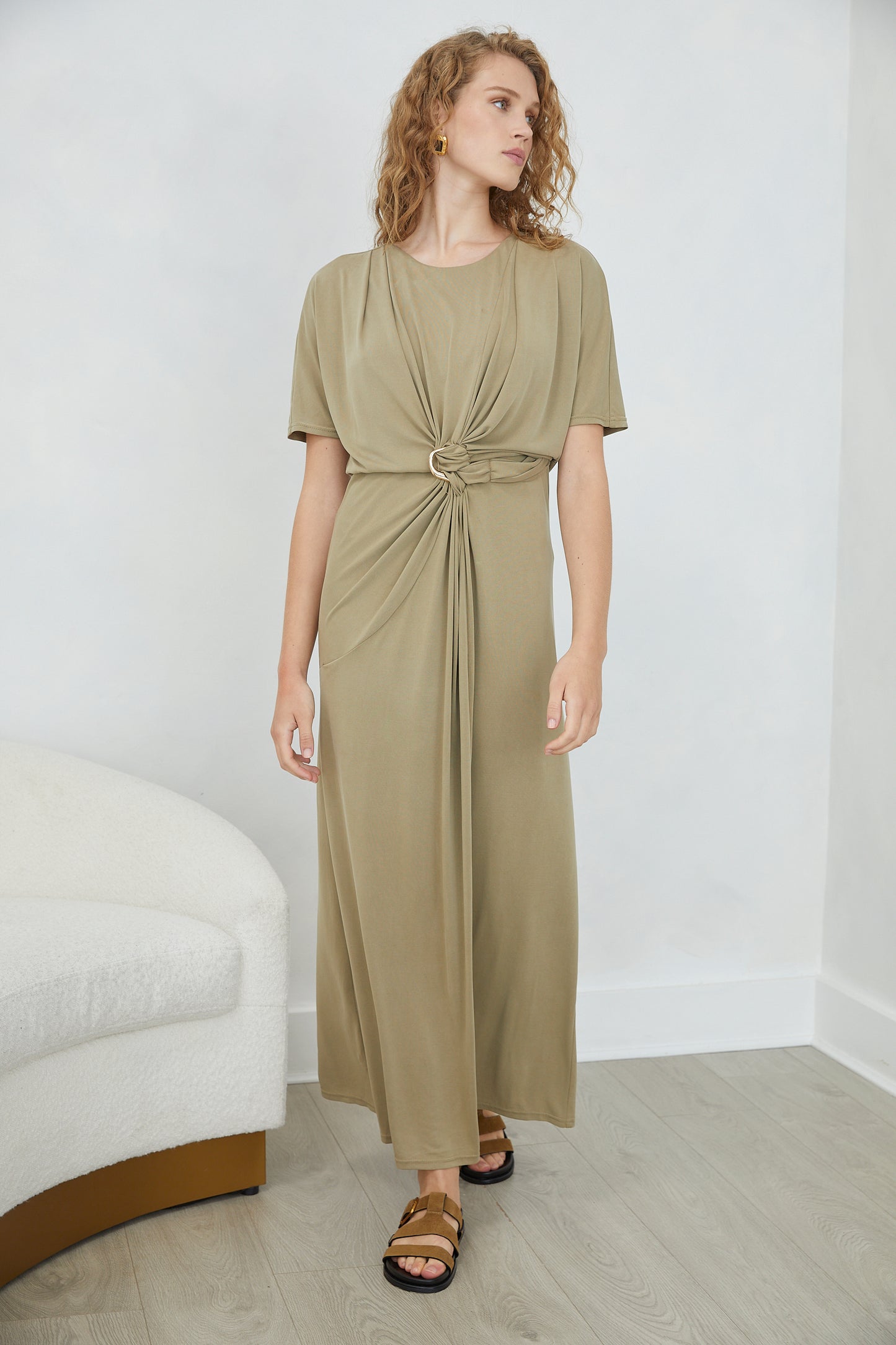 Leandra Khaki Short Sleeve Knot Detail Midi DRESS